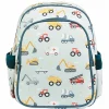 A Little Lovely Company Backpack, Insulated Front Pocket - Light Blue with Vehicles
