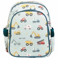 A Little Lovely Company Backpack, Insulated Front Pocket - Light Blue with Vehicles