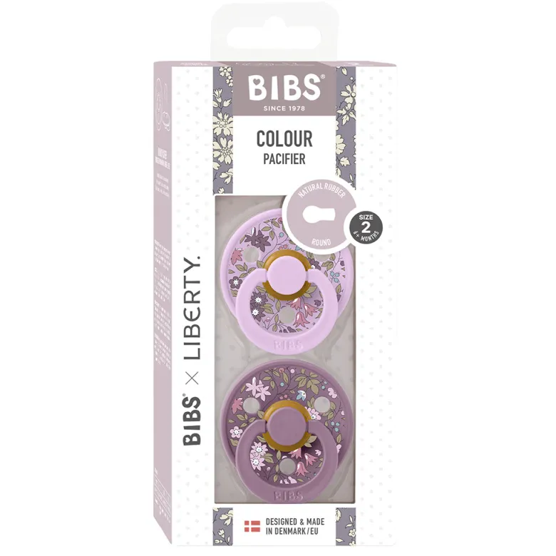 Bibs Liberty, 2-Pack Colour, Natural Rubber Pacifiers, Size 2 – Chamomile Lawn – Violet Sky Mix