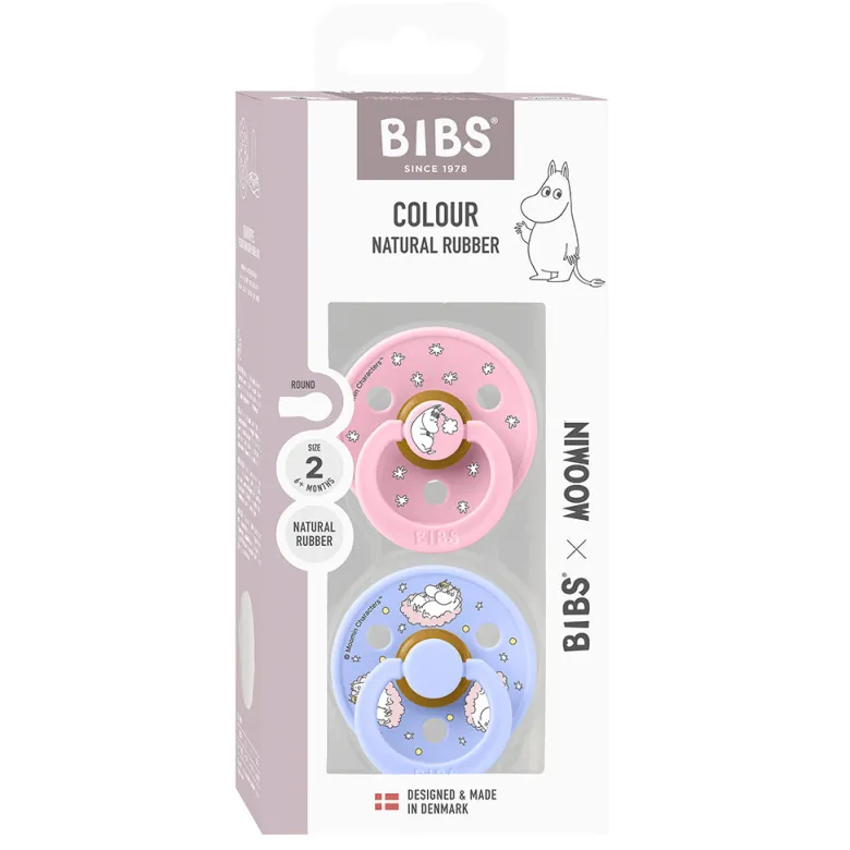 Bibs Natural Rubber Pacifier, 2-Pack, Size 2 - Moomin, Dreaming - Baby Pink Mix