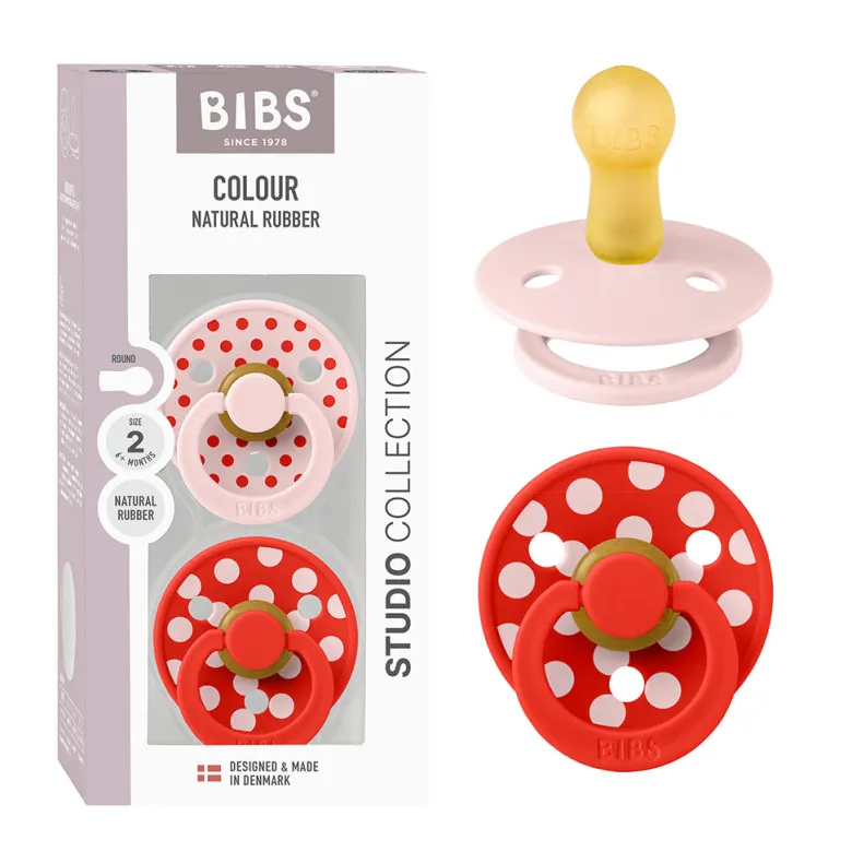 Bibs Natural Rubber Pacifier, 2-Pack, Size 2 - Studio Colour, Polka - Blossom/Candy Apple
