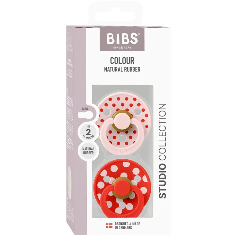 Bibs Natural Rubber Pacifier, 2-Pack, Size 2 - Studio Colour, Polka - Blossom/Candy Apple