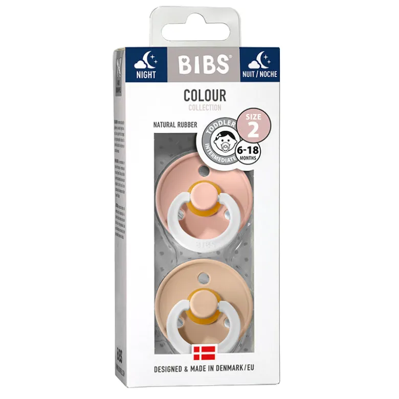 Bibs 2-Pack Natural Rubber Pacifiers, Size 2, Blush Night/Vanilla Night - Glow in the Dark