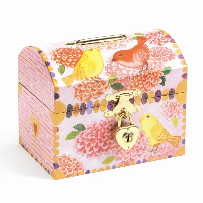 Djeco Treasure Chest Coin Bank with Birds and Lock