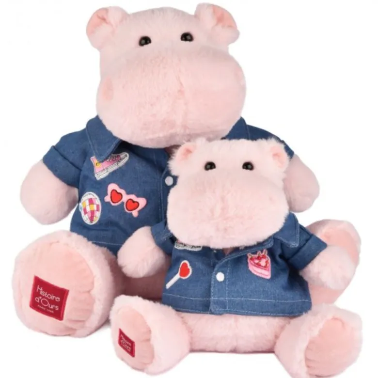 Doudou et Compagnie Hippo Plush Toy, Pink with Denim Jacket - 38 cm