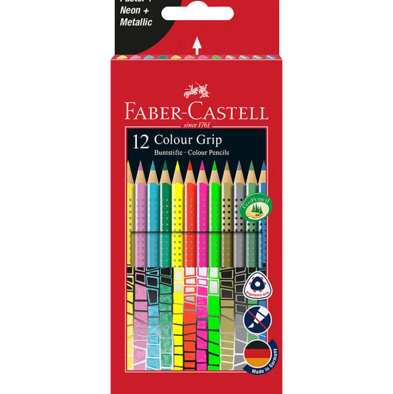 Faber-Castell, 12 Grip Colored Pencils, Pastel Neon Metallic