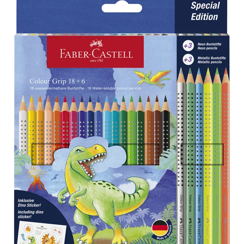Faber-Castell 18+6 Grip Watercolor Colored Pencils + Stickers, Dinosaur