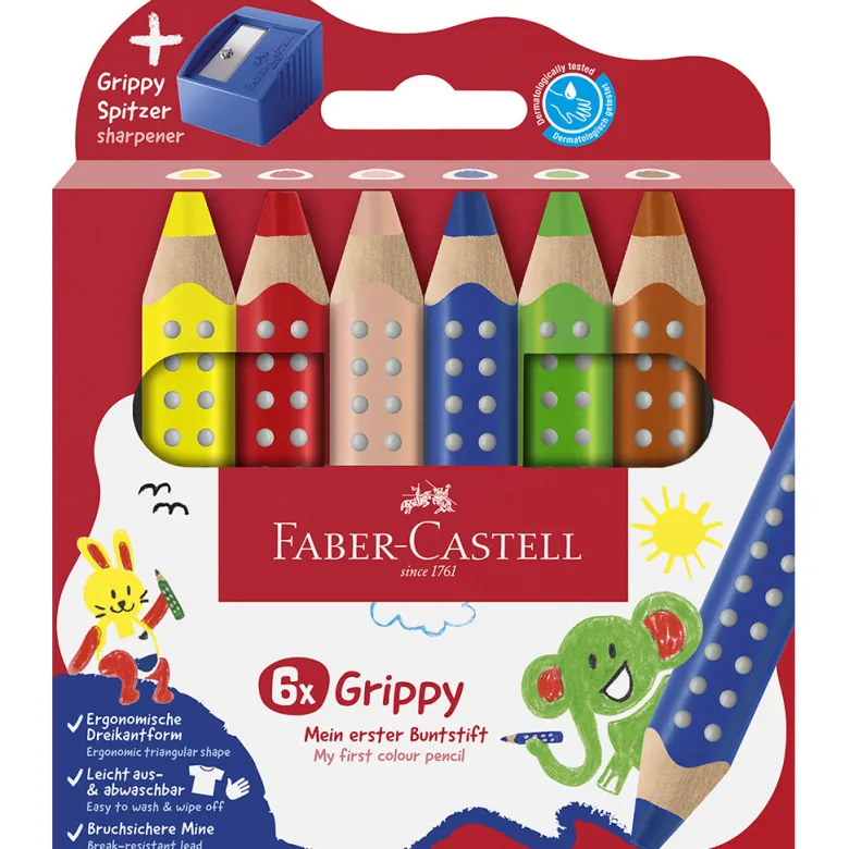 Faber-Castell, Grippy Jumbo Colored Pencils 6 pcs + 1 Pencil Sharpener