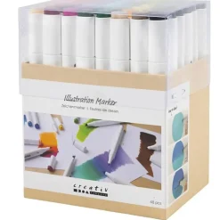 Illustration Markers, Double-Ended, 1mm + 8mm Tips, 48 Pieces - Standard Colors