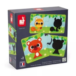 Janod Puzzle, Animals and Their Shadows, Set of 12 Puzzles with 2 Pieces Each