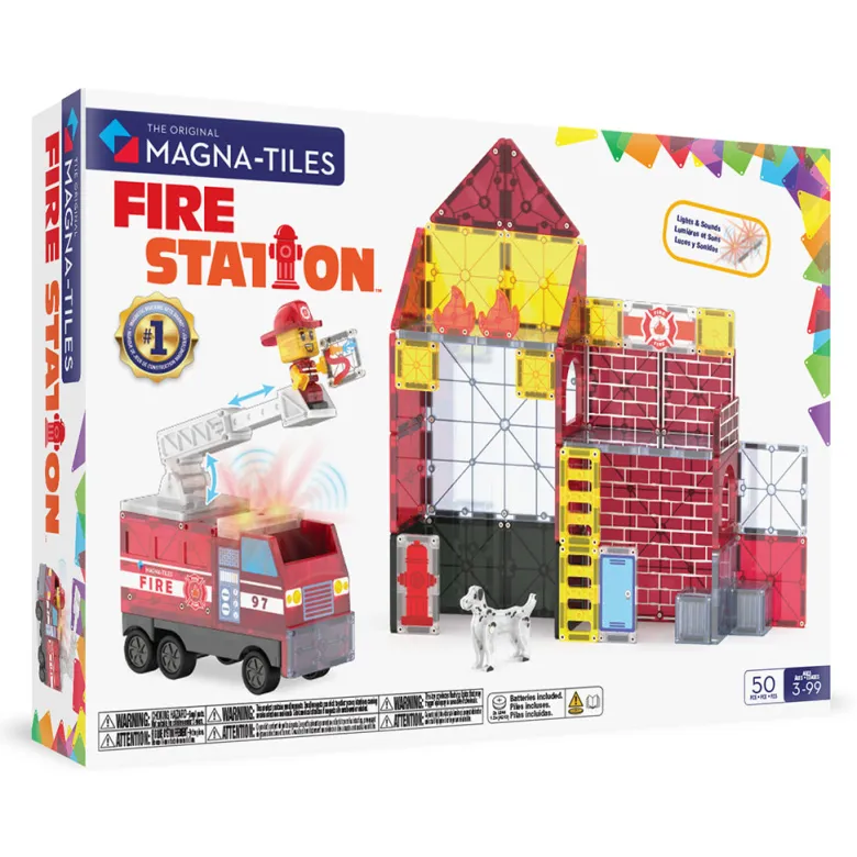 Magna-Tiles Magnetic Building Set, Fire Station with Lights and Sounds - 50 Pieces