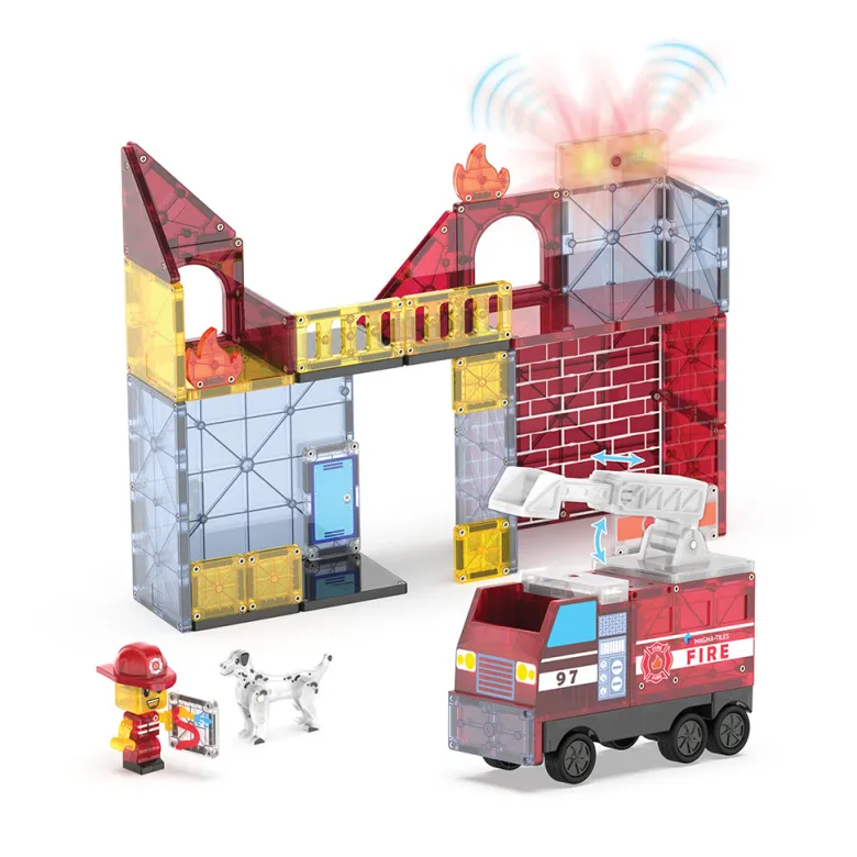 Magna-Tiles Magnetic Building Set, Fire Station with Lights and Sounds - 50 Pieces
