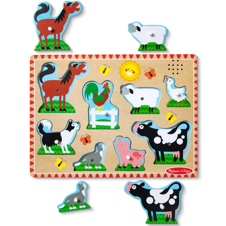 Melissa & Doug Sound Knob Puzzle, Farm - 8 Pieces