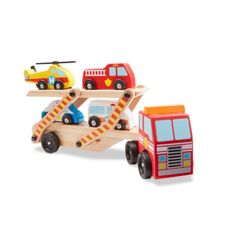 Melissa & Doug Wooden Toy Cars, Rescue Vehicle Transporter