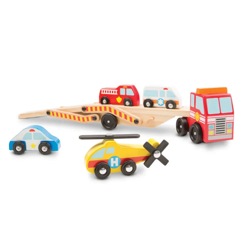 Melissa & Doug Wooden Toy Cars, Rescue Vehicle Transporter