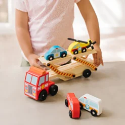 Melissa & Doug Wooden Toy Cars, Rescue Vehicle Transporter