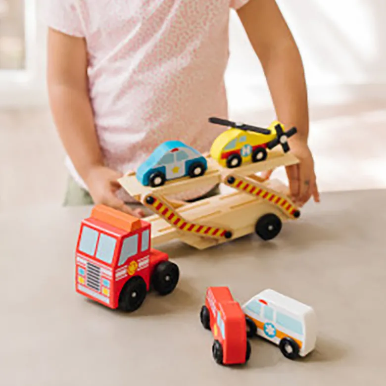 Melissa & Doug Wooden Toy Cars, Rescue Vehicle Transporter