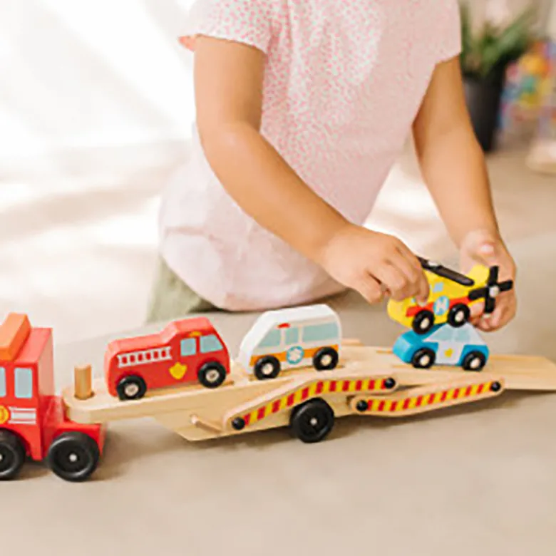 Melissa & Doug Wooden Toy Cars, Rescue Vehicle Transporter