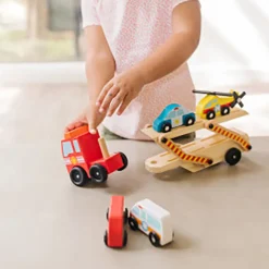 Melissa & Doug Wooden Toy Cars, Rescue Vehicle Transporter