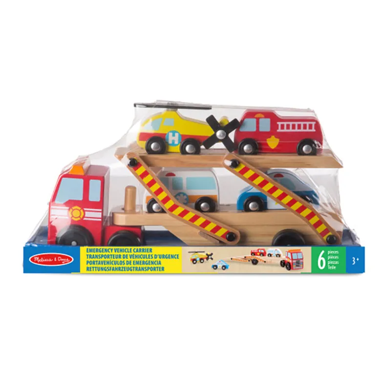 Melissa & Doug Wooden Toy Cars, Rescue Vehicle Transporter