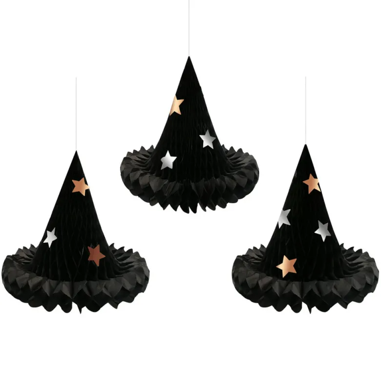 Meri Meri Halloween Decorations, Hanging Decor, Set of 3 Honeycomb Witch Hats