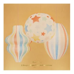 Meri Meri Paper Lanterns in Rice Paper, Stars and Stripes, Set of 3 - NO LIGHT SOURCE INCLUDED