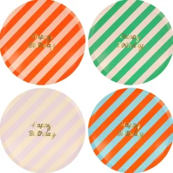 Meri Meri Paper Plates, Size L, Striped Happy Birthday - Set of 8