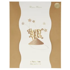 Meri Meri Party Hats with Gold Glitter, Happy New Year - Set of 6.