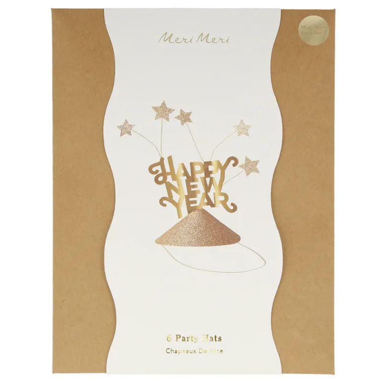 Meri Meri Party Hats with Gold Glitter, Happy New Year - Set of 6.