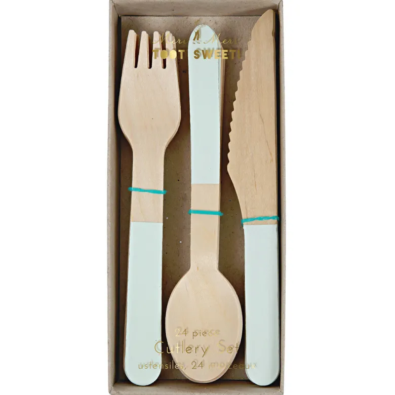 Meri Meri Wooden Cutlery Set, Toot Sweet - Mint - 24 Pieces