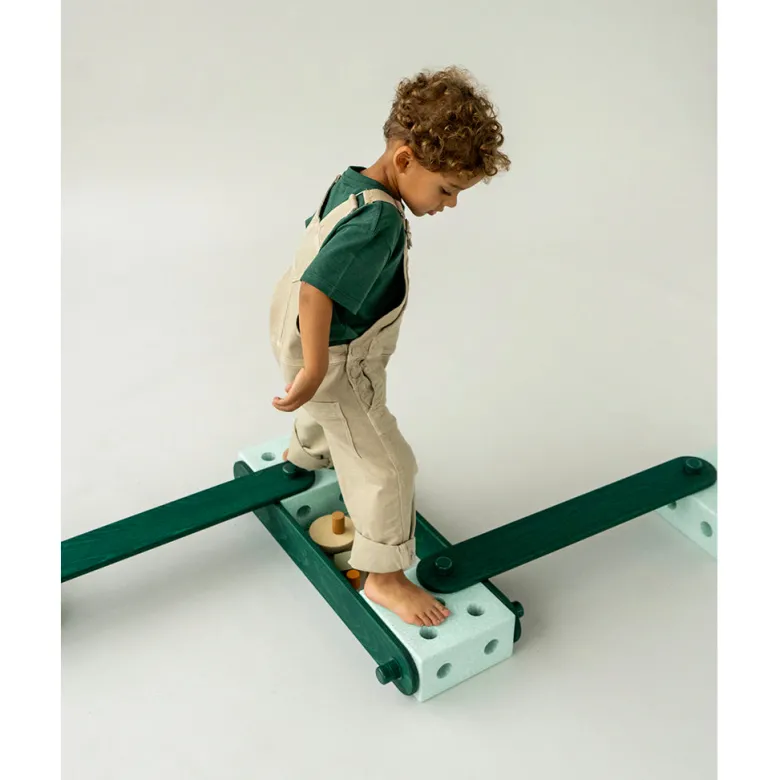 Modu Balance Track, Wooden Balance Beam with Foam Blocks, Activity Toy - Ocean Mint / Forest Green