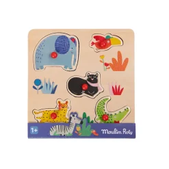 Moulin Roty Knob Puzzle with 5 Pieces, Jungle Animals - Les Toupitis