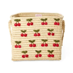 Natural Rice Basket with Small Cherry Embroideries