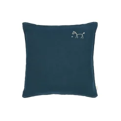 Nobodinoz Embroidered Cushion, 45 x 45 cm, Washed French Linen – Deep Blue