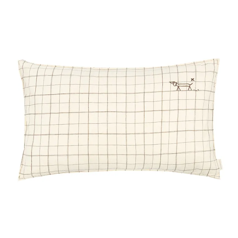 Nobodinoz Embroidered Pillow, 50 x 30 cm, Washed French Linen - Natural Grid