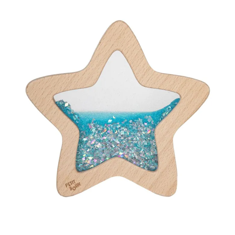 Petit Boum sensory toy, wooden star with liquid and glitter – Blue Orionis