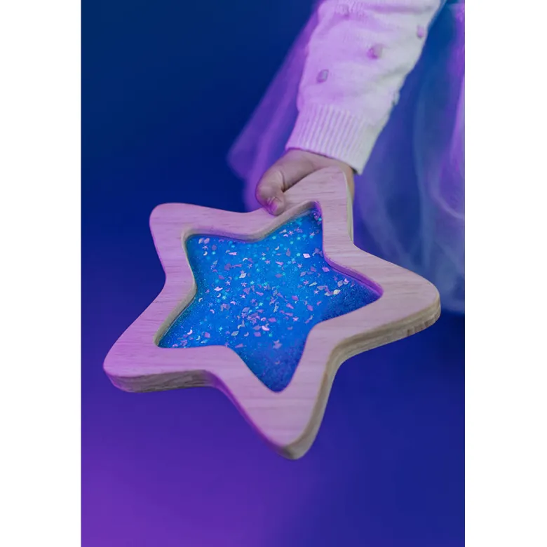 Petit Boum sensory toy, wooden star with liquid and glitter – Blue Orionis