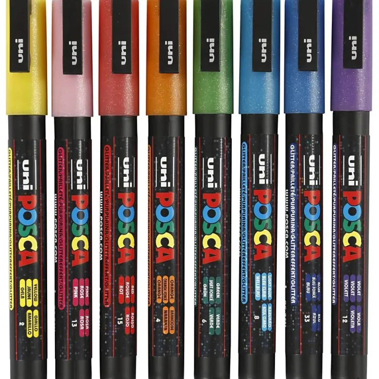 Posca Markers, Line Width 0.9-1.3 mm - Set of 8 Assorted Glitter Colors