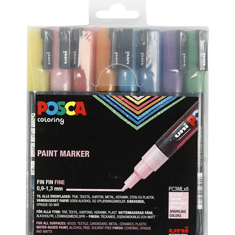 Posca Markers, Line Width 0.9-1.3 mm - Set of 8 Assorted Glitter Colors