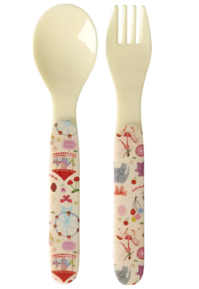 Rice Baby Spoon and Fork Set in Melamine, Pink - Fun Fair Print