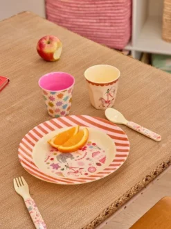 Rice Baby Spoon and Fork Set in Melamine, Pink - Fun Fair Print