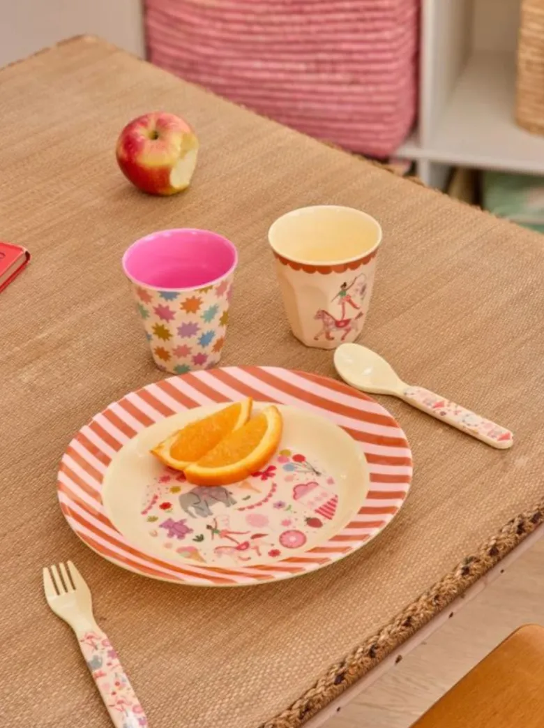 Rice Baby Spoon and Fork Set in Melamine, Pink - Fun Fair Print