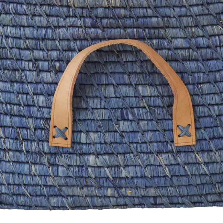 Rice Basket with Leather Handle – Blue