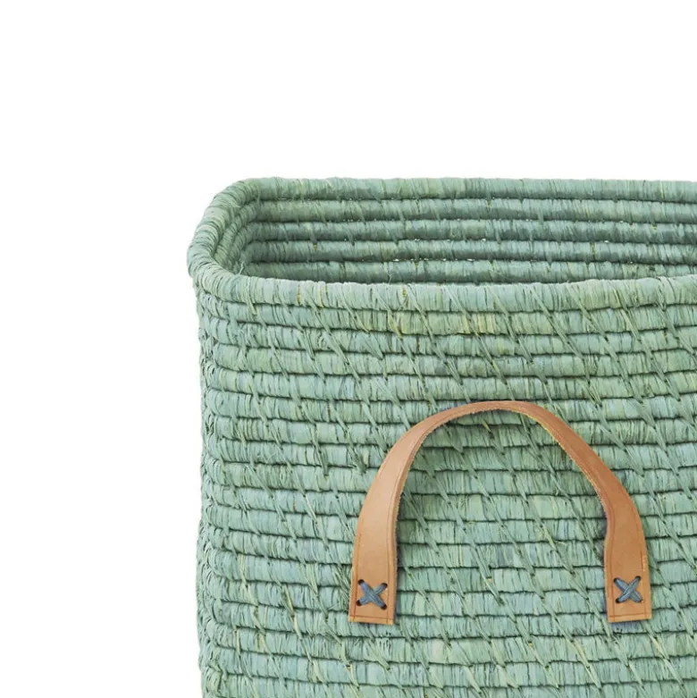 Rice Basket with Leather Handle, Mint
