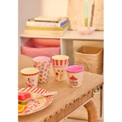 Rice Melamine Cups, Fun Fair Print, Set of 6, Small - Pink
