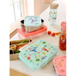 Rice Stainless Steel Lunch Box with Divider, Small, Blue Ocean Print