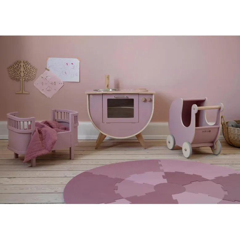 Sebra dukkevogn i træ, Blossom pink