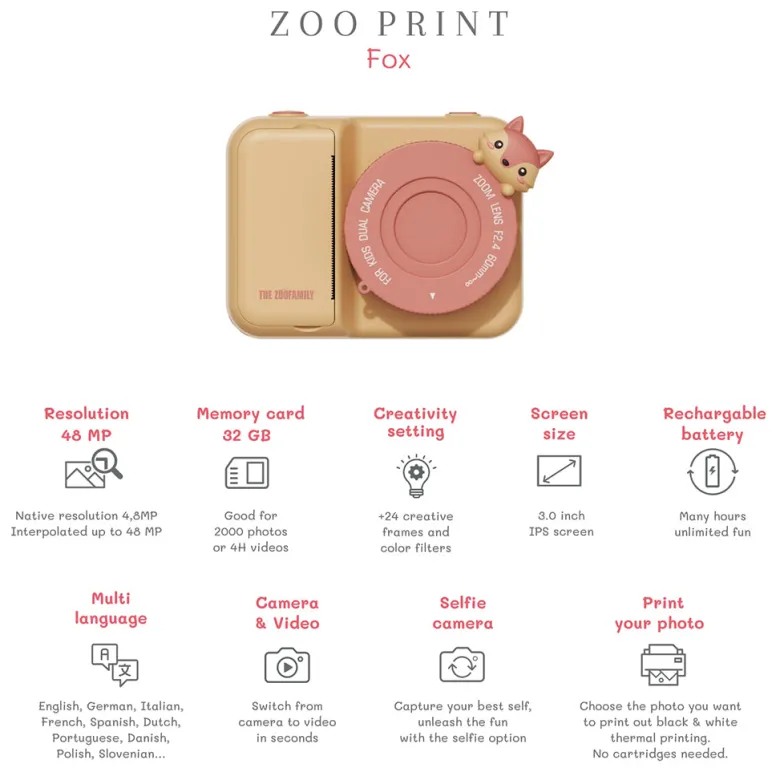 The ZooFamily, Zoo Print, 3-in-1 Camera with Print Function, Ages 5-11 - Fox