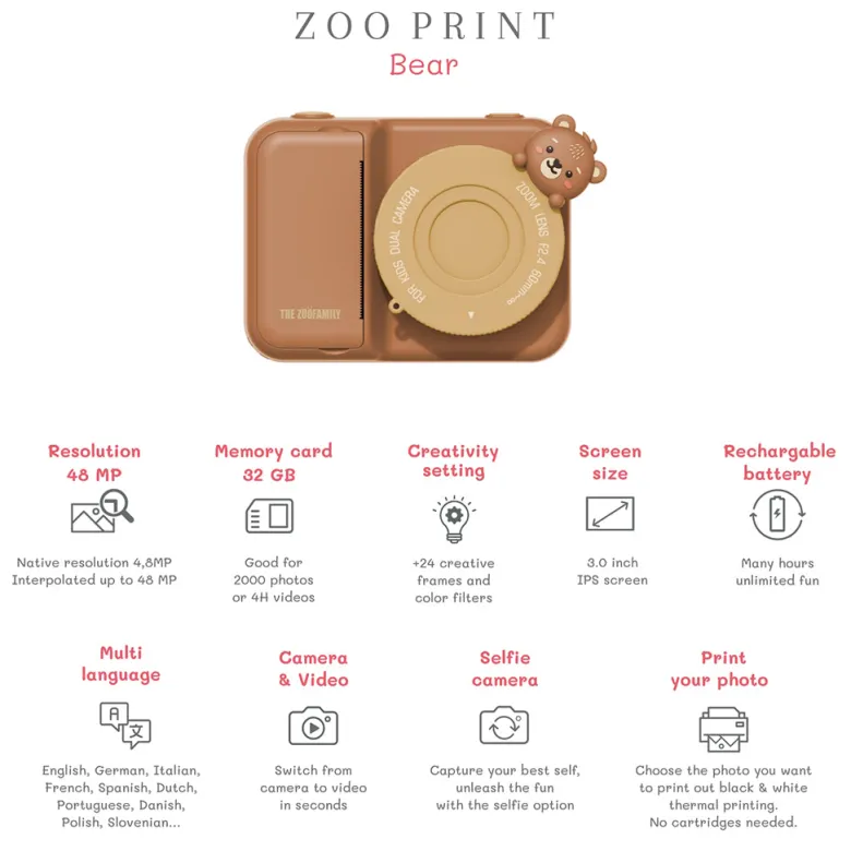 The ZooFamily, Zoo Print, 3-in-1 Camera with Print Function, Ages 5-11 - Bear