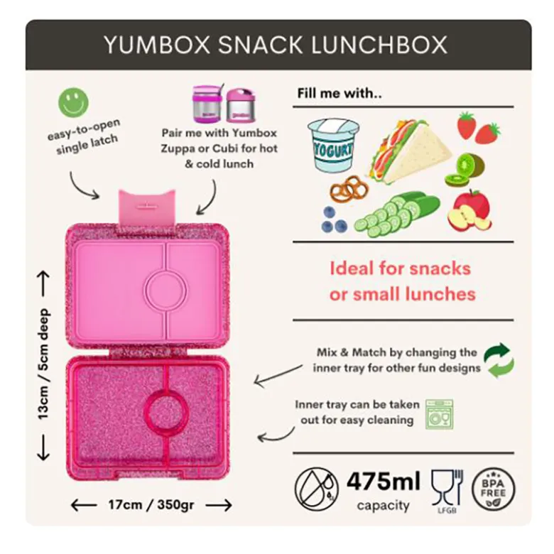 Yumbox Snack Lunchbox with 3 Compartments – Sparkle Pink Glitter/Pink Clear